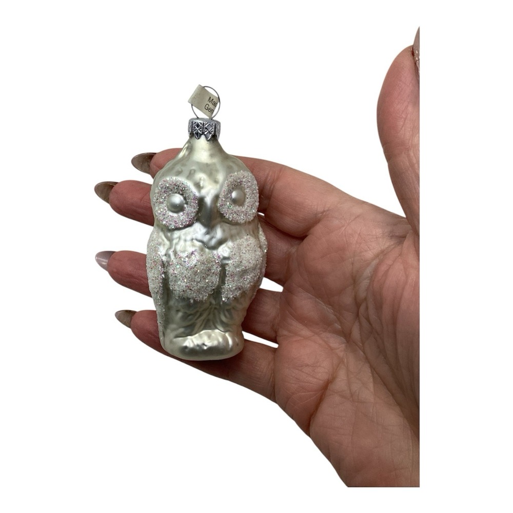 Vintage Germany White Mercury Glass Owl Ornament Glitter